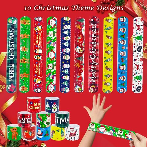 Image of JUNEBRUSHS 56 Pack Christmas Slap Bracelets Xmas Slap Bands Wristband Party Favors Snap Bracelets Bulk for Christmas Gifts Toys Stocking Stuffers