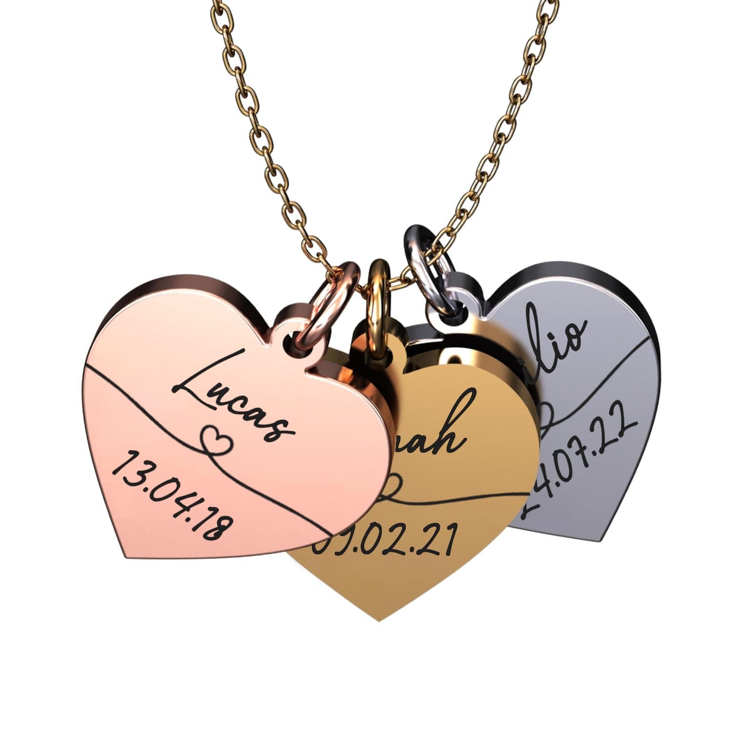 Generisch Collier personnalisé avec gravure | Cœurs avec nom et dates de naissance des enfants | Cadeau maman | Or, argent, or rose | Acier inoxydable étanche | Fabriqué en Allemagne
