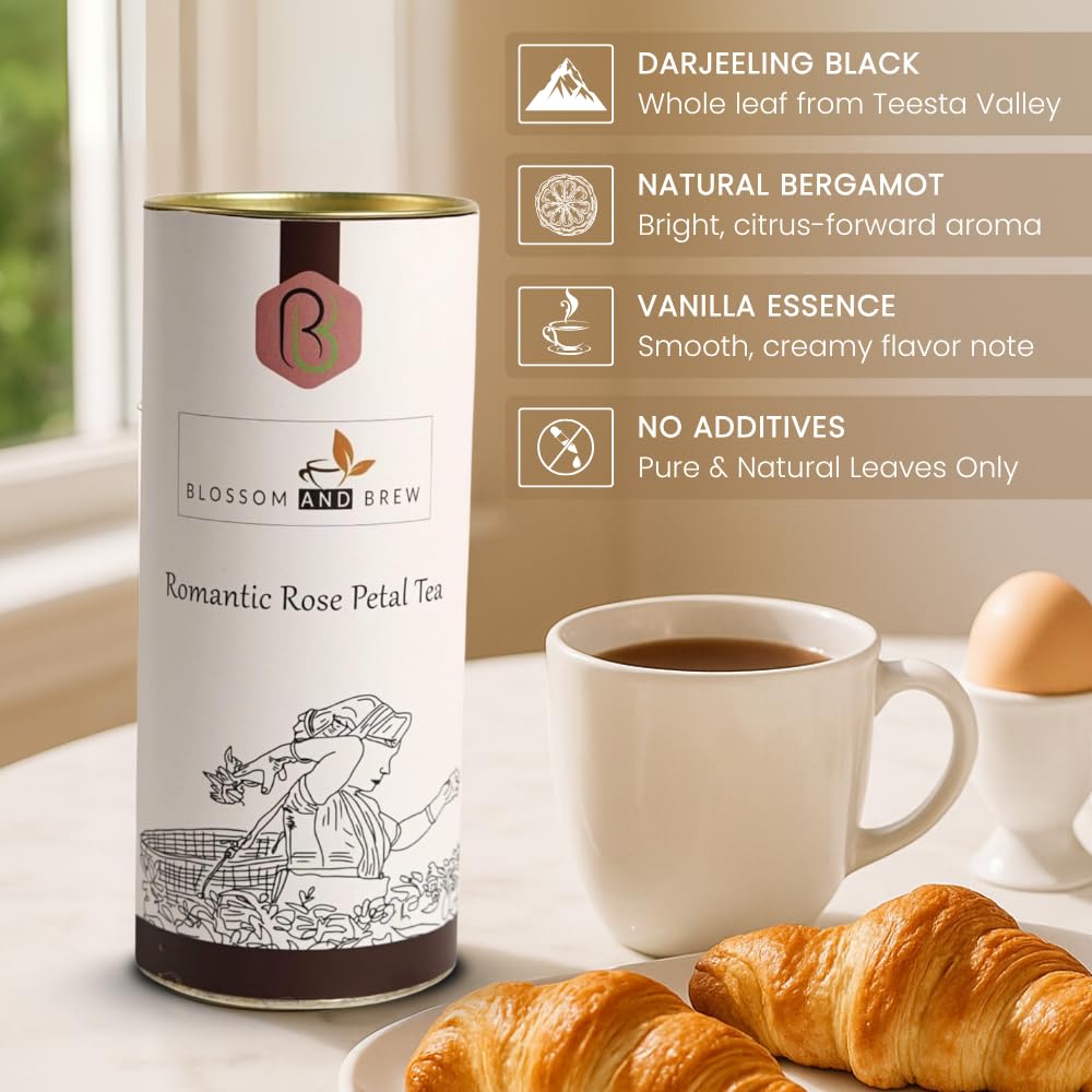 Blossom & Brew Smooth Earl Grey Delight (3.52oz) - Earl Grey De La Creme Tea - Darjeeling Black Tea with Natural Citrus - Bergamot & Vanilla - Whole Leaf Blend from India - Aromatic hot & Iced Brew