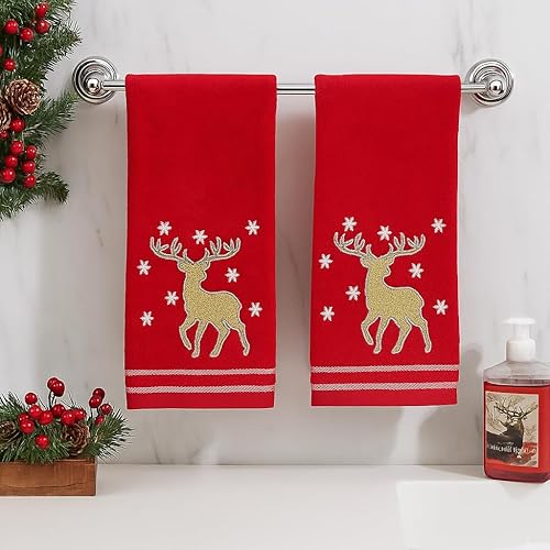 Miniatura 227 de Juego de 2 toallas de mano de baño de Navidad, color gris oscuro, 100% algodón, bordadas, diseño de copos de nieve, 16 x 25 pulgadas, toallas 24 Let