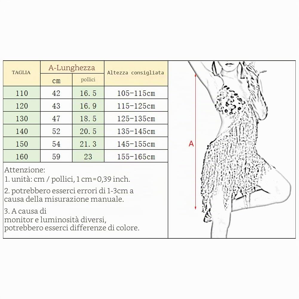 Ragazze Abbigliamento da Ballo Scintillante Bambini Paillettes Abito da Ballo con Frange Performance Costume da Ballo Salsa Tango Nappina Latino Abiti da Ballo (Taglie più Piccole)