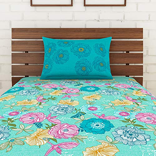 Image of Spaces Atrium Plus 210 TC 100% Cotton Single Bedsheet with 1 Pillow Cover (Floral, 60 inch X 88 inch Inches) - Teal