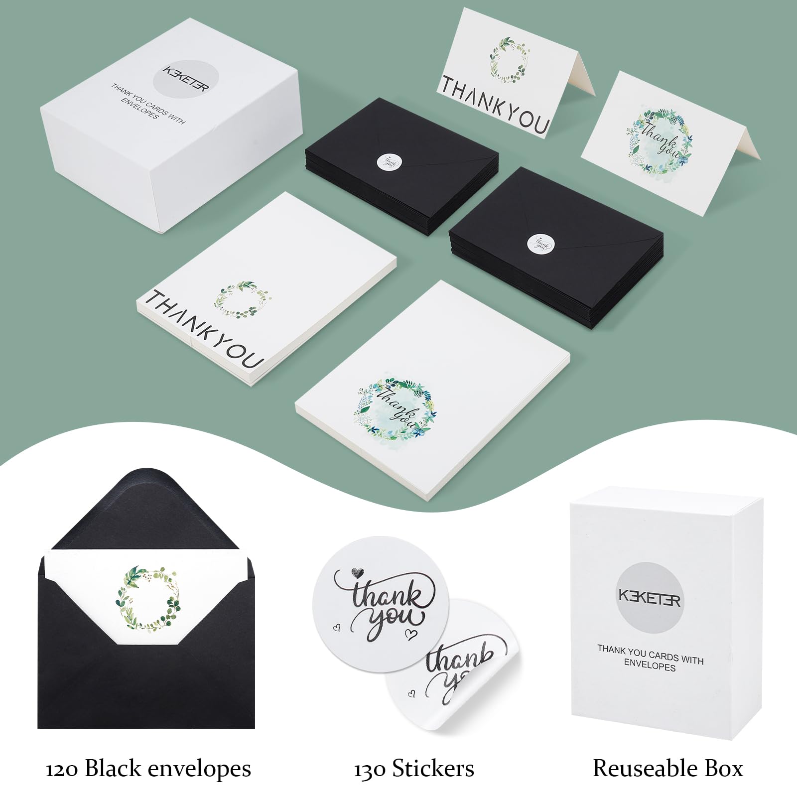 Lot de 120 cartes de remerciement avec enveloppes noires et autocollants – 2 motifs de verdure – Cartes de remerciement vierges de 10,2 x 15,2 cm – 300 g/m² – Notes de remerciement robustes pour