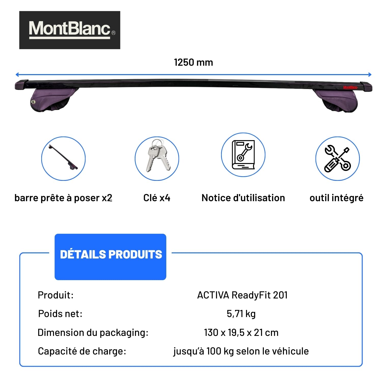 Mont Blanc Barres de Toit Acier ReadyFit 201 - pour 3008 (2016) | Pack de 2 barres de toit gamme ACTIVA pour rails intégrés. Prêtes à poser, charge 100 kg, 4 serrures à clés, garantie 5 ans.