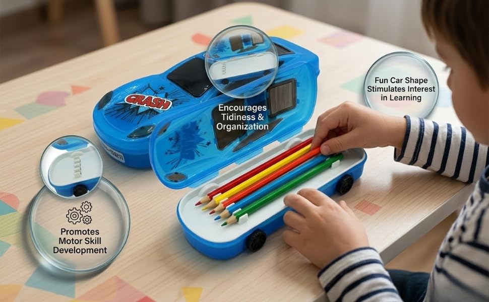 Image of Neokiddo Medium Size Racing Car Pencil Box for Kids | Sports Car Shape Geometry Stationery Box with Moving Wheels | Plastic School Pencil Case for Boys & Girls (Blue)