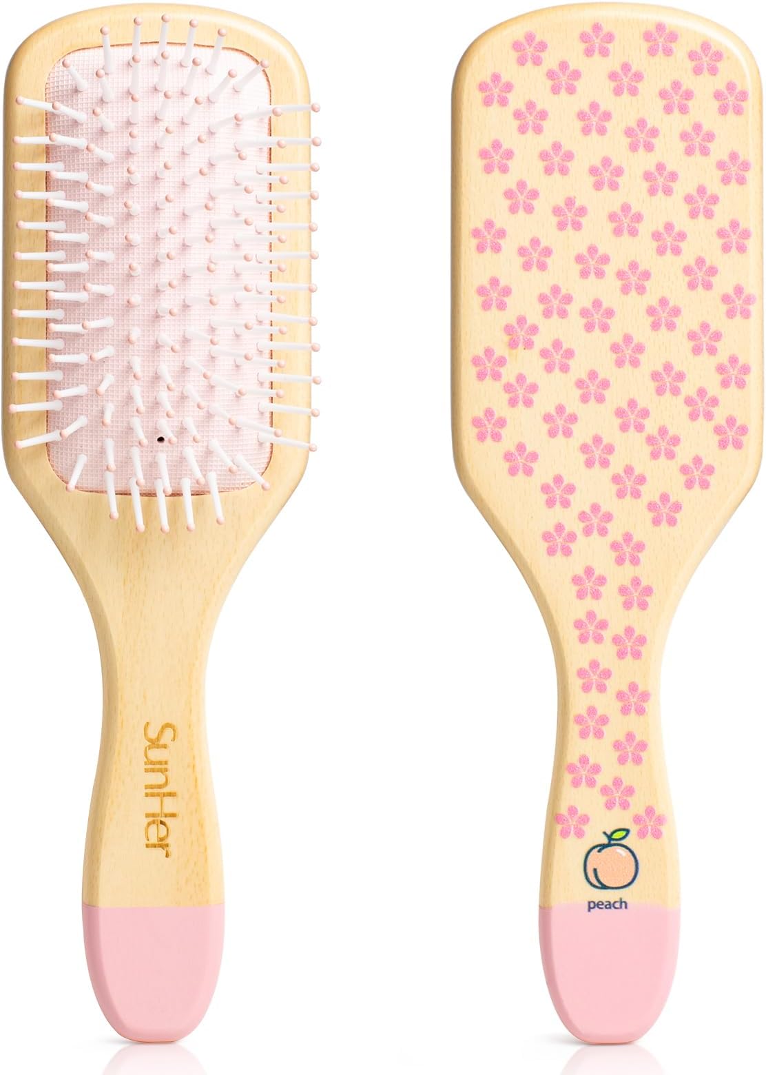 Wooden Detangling Hair Brush, Massage Scalp Brush for Women & Kids | Nylon Bristle Painless, Gentle Scalp Massage, Cute Flower Design, for Wet/Dry Curly Long Thick Hair, Idea Gift, Pink