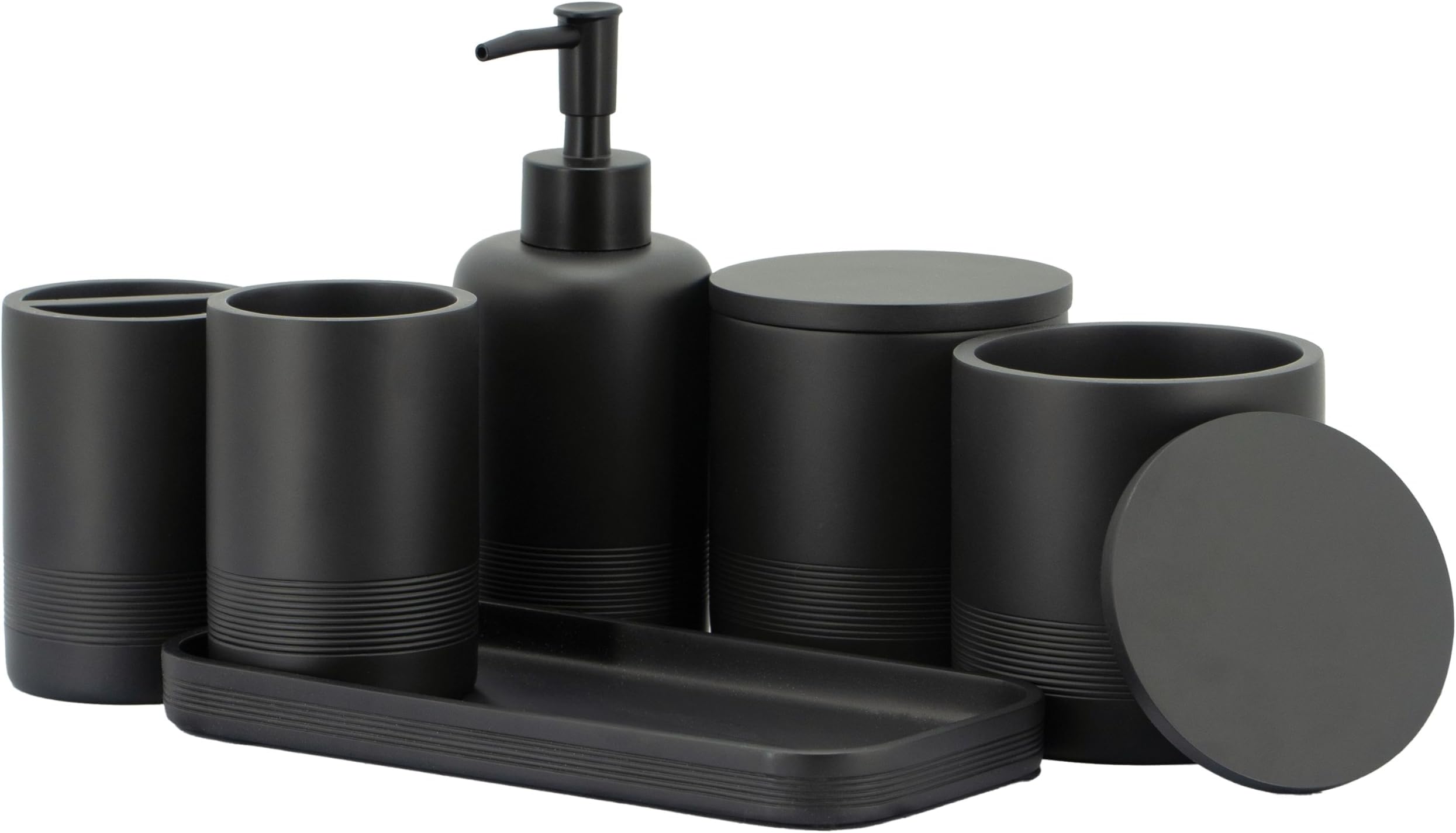 ZCCZ - Black Matte Bathroom Accessories Set 6 Pcs - Toothbrush Holder, Lotion Soap Dispenser, 2 Qtip Holder Dispenserr, Vanity Tray, Bathroom Tumbler - Decorative Countertop Vanity Organizer