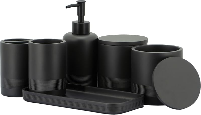 Black Matte Bathroom Accessories Set 6 Pieces - Toothbrush Holder, Lotion Dispenser, Qtip Container, Vanity Tray, Tumbler - Countertop Organizer for Bathrooms - Elegant and Functional Décor Set