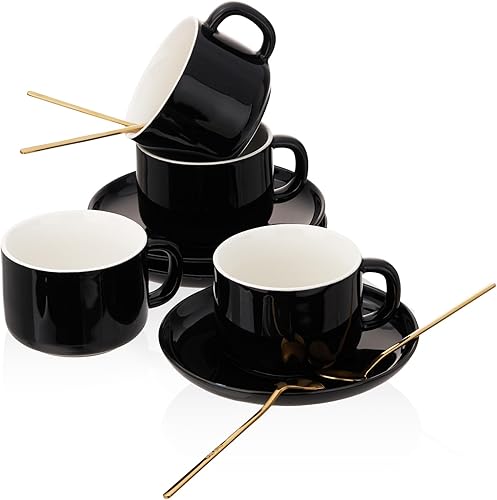 Juego de 4 tazas de café y platillos de porcelana, color negro, taza de café de 8 onzas para capuchino, latte, café moca, espresso