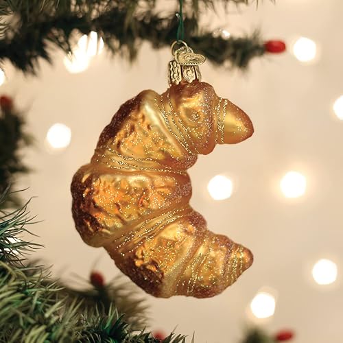 Vista 4 de Old World Christmas - Adorno de vidrio soplado en forma de croissant para árbol de Navidad, decoración festiva artesanal, colección de desayuno