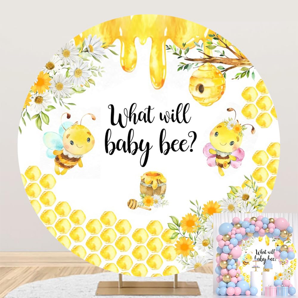 Leowefowa 7.2x7.2ft Polyester Bee Gender Receal Arch Round Backdrop Stand Cover Pink Blue Bees Honeycomb What Will Baby Be Background Bee Baby Shower