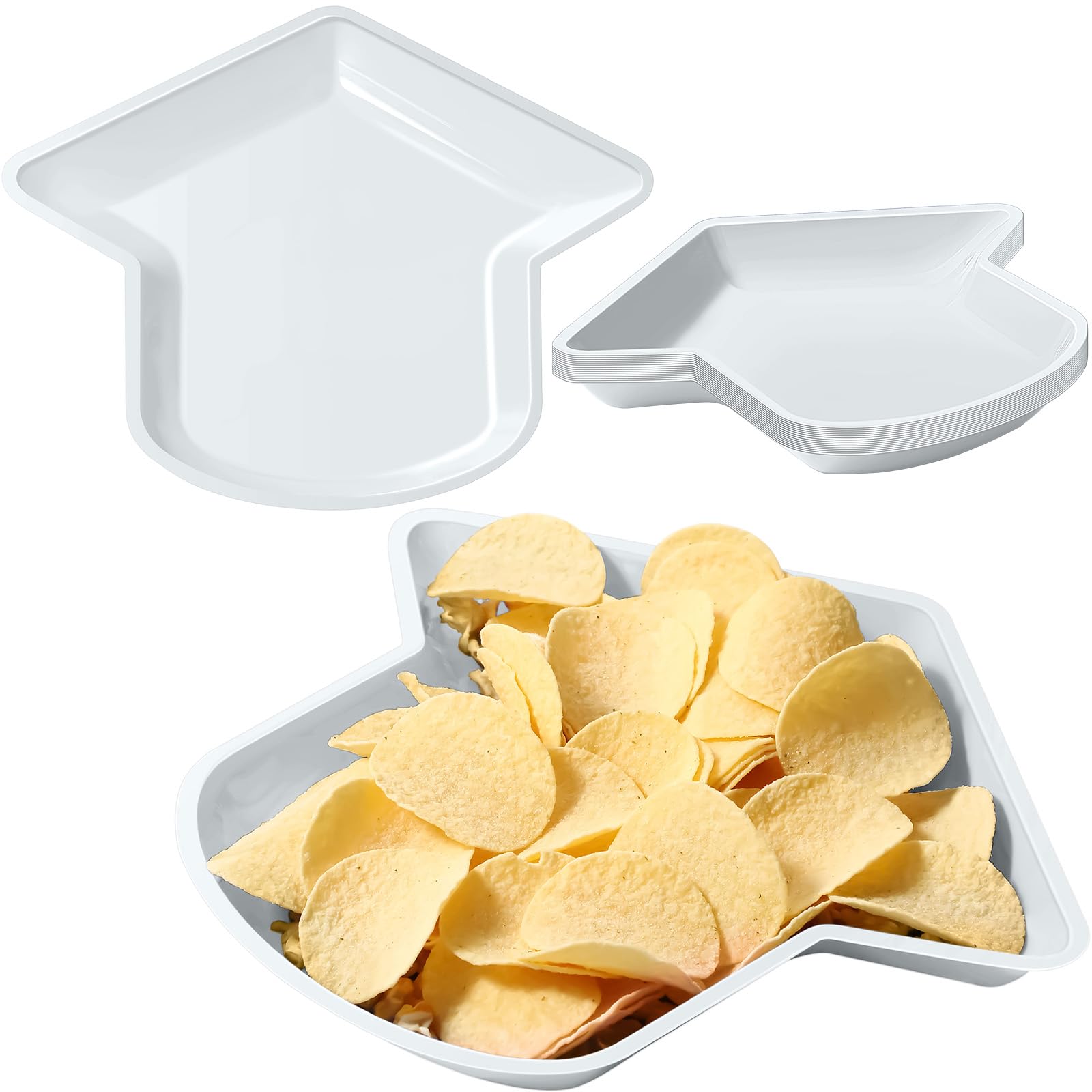 Sawysine 24 Pcs White Graduation Cap Disposable Serving Platters Grad Food Reusable Snack Tray Cookies Chips Candy Dip Dessert Plates for Graduation