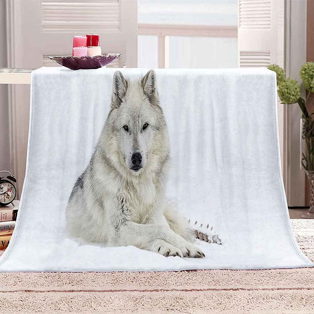 Couverture microfibre douce 3D loup des neiges 150x200cm, plaid thermique isolant toutes saisons