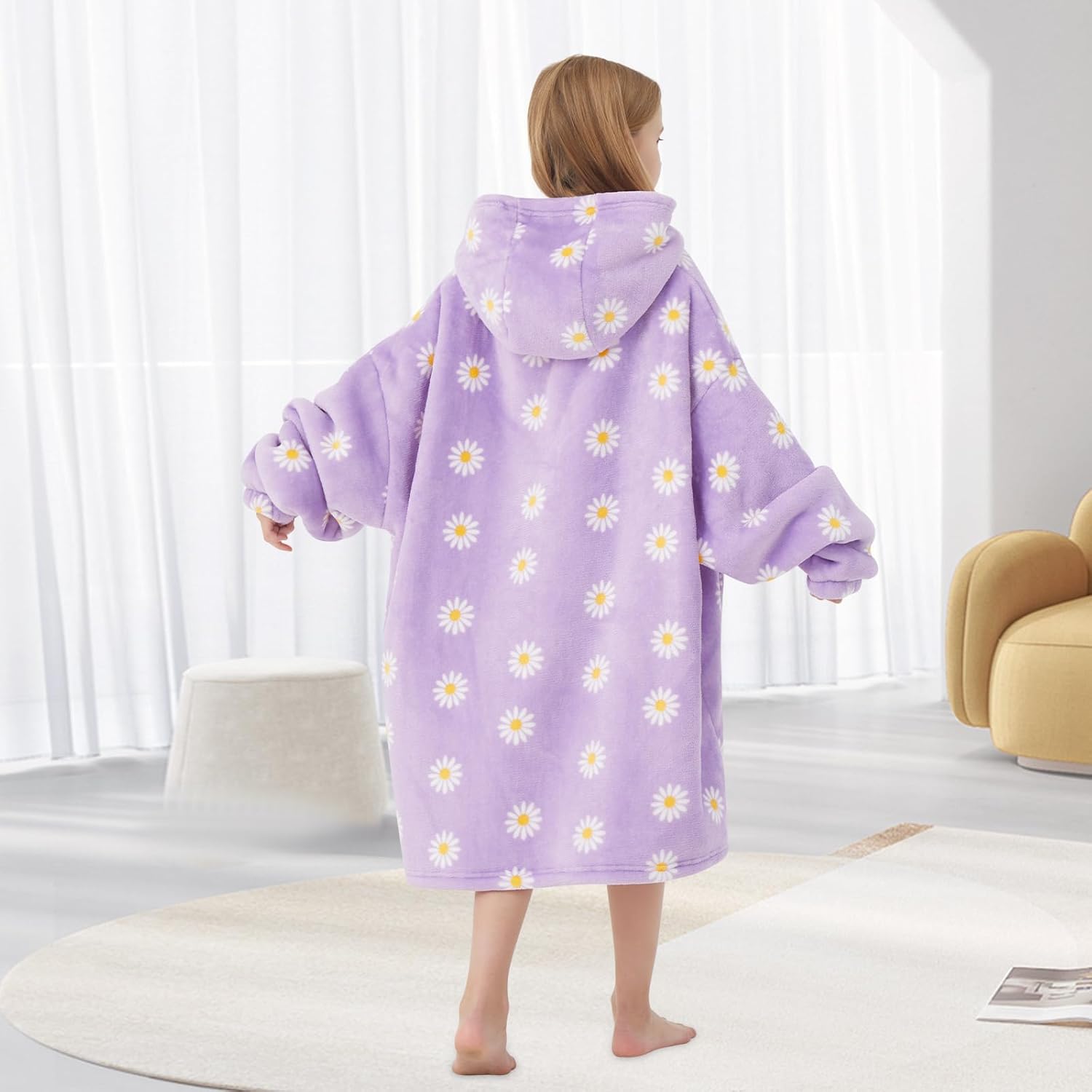 Wearable Blanket Hoodie for Kids Oversized Sherpa Blanket Hoodie for Kids Boys Girls Teens 6-13YR,Daisy - Image 6