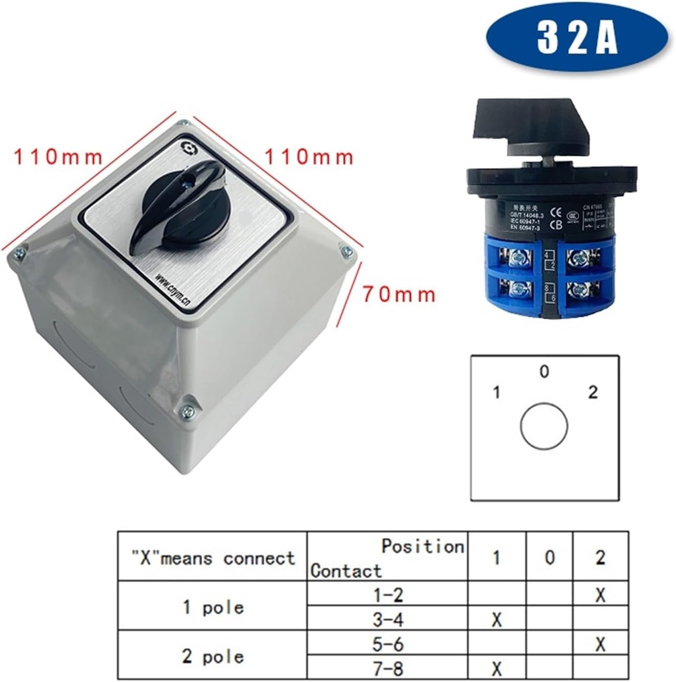 LW26 YMW26-32A Changeover Cam Rotaris Switch Two Poles with Waterprof Box IP65(102-2P)
