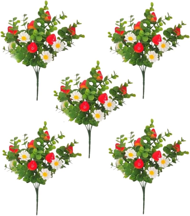 5 Pcs Artificial Strawberry Stems, 12"