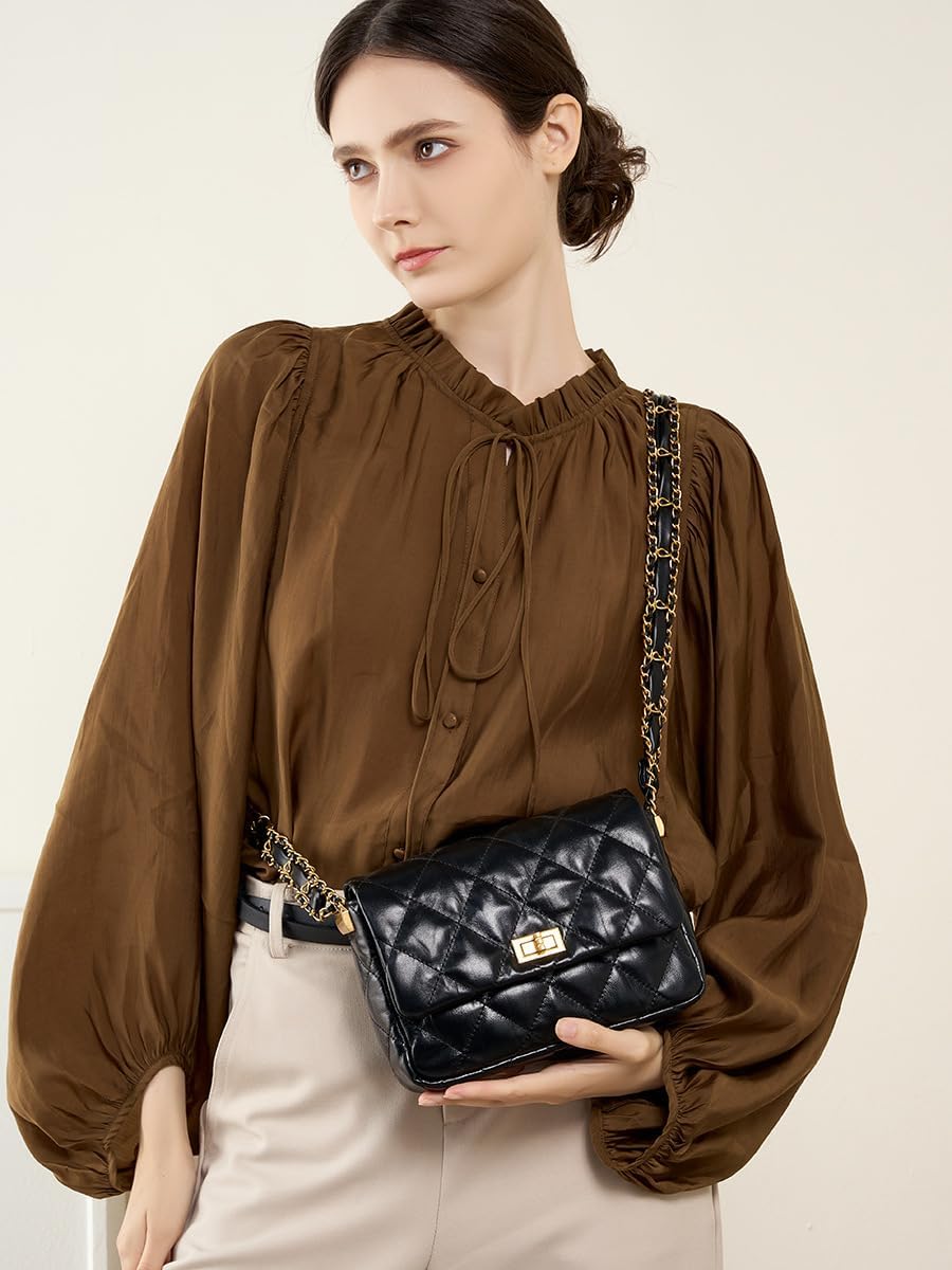 Vintage Quilted Fold Over Crossbody Bag Chain Strap Fashion Buckle Shoulder Purse Belt Bag for Women