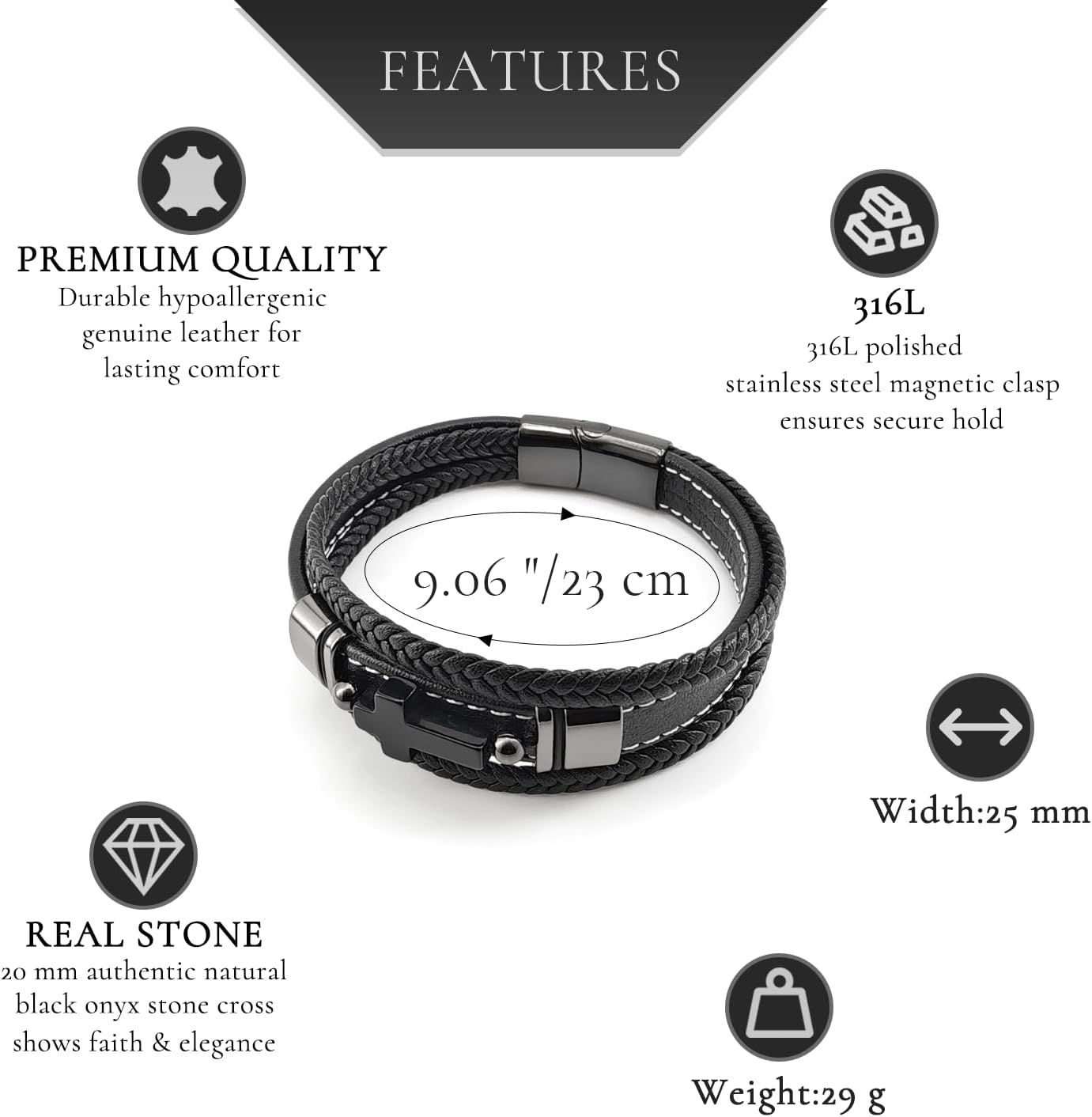 Mens Bracelet Cross Multilayer Black Braided Genuine Leather Bracelet for Men Christian Jewelry 316L Stainless Steel Clasp Religious Gift for Men - Image 3