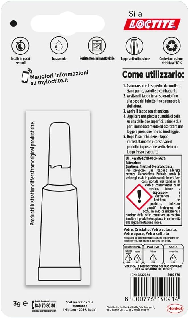Loctite Super Attak Vetro, Colla per vetro di alta qualità, Adesivo istantaneo per vetro, Colla trasparente facile da usare, durevole e riutilizzabile, 1 x 3g