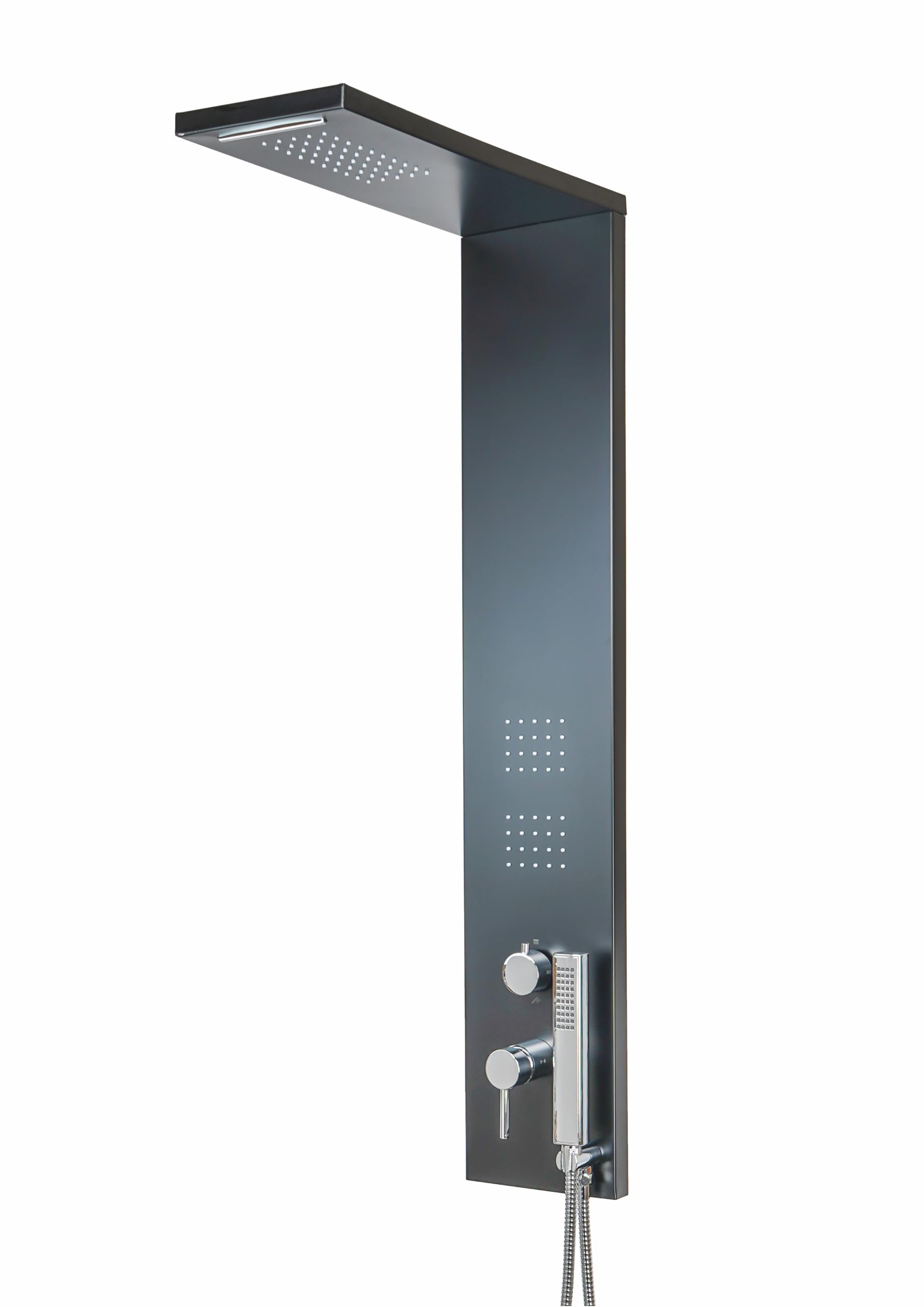 Colonna doccia multifunzione realizzata in Alluminio, pannello doccia con soffione e doccetta, effetto cascata, anticalcare, acciaio inox/alluminio, per box doccia - Nero - 20x50x110 cm