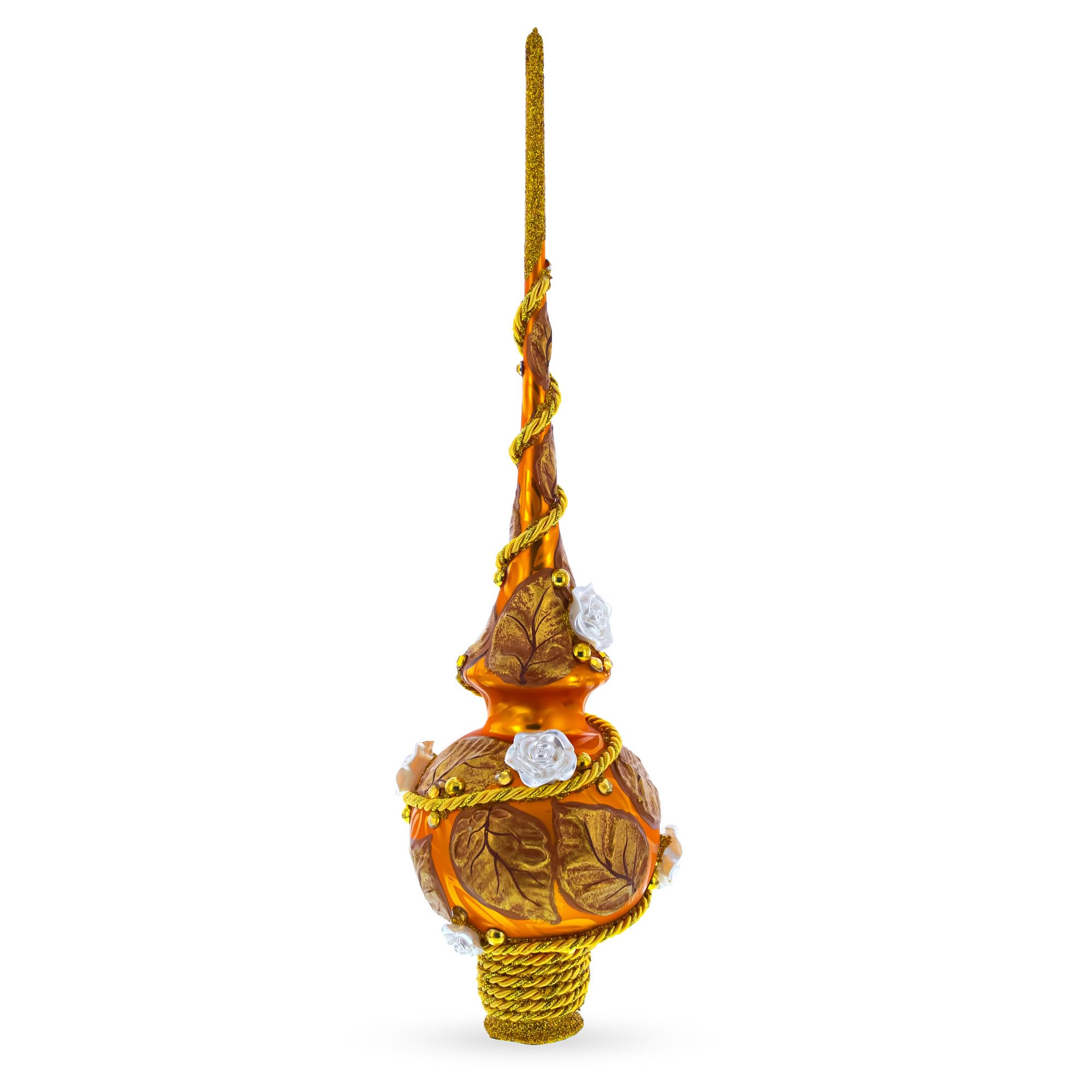 BestPysanky Cimier de sapin de Noël en verre doré - Feuilles dorées - 28 cm