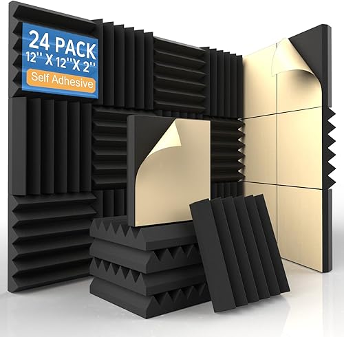 Miniatura 1 de Paquete de 24 paneles de espuma acústica autoadhesivos, paneles de pared de cuña de alta densidad insonorizados para estudios, cine en casa, juegos,