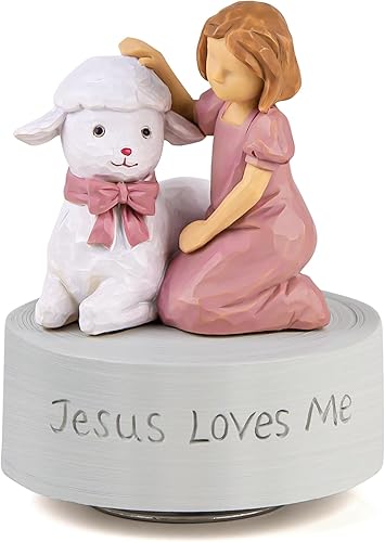 Jesus Loves Me - Caja de música, figura musical de bautismo para niñas con cordero, regalo religioso pintado a mano para bebé cristiano, bautizo,