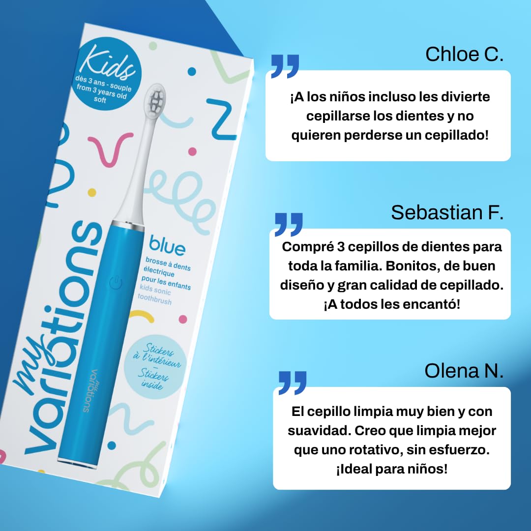 My Variations Cepillo de dientes eléctrico sónico recargable para niños, recomendado por dentistas, 2 modos, 27 calcomanías, 1 mes de duración de la batería, temporizador, a partir de 3 años (azul, 3