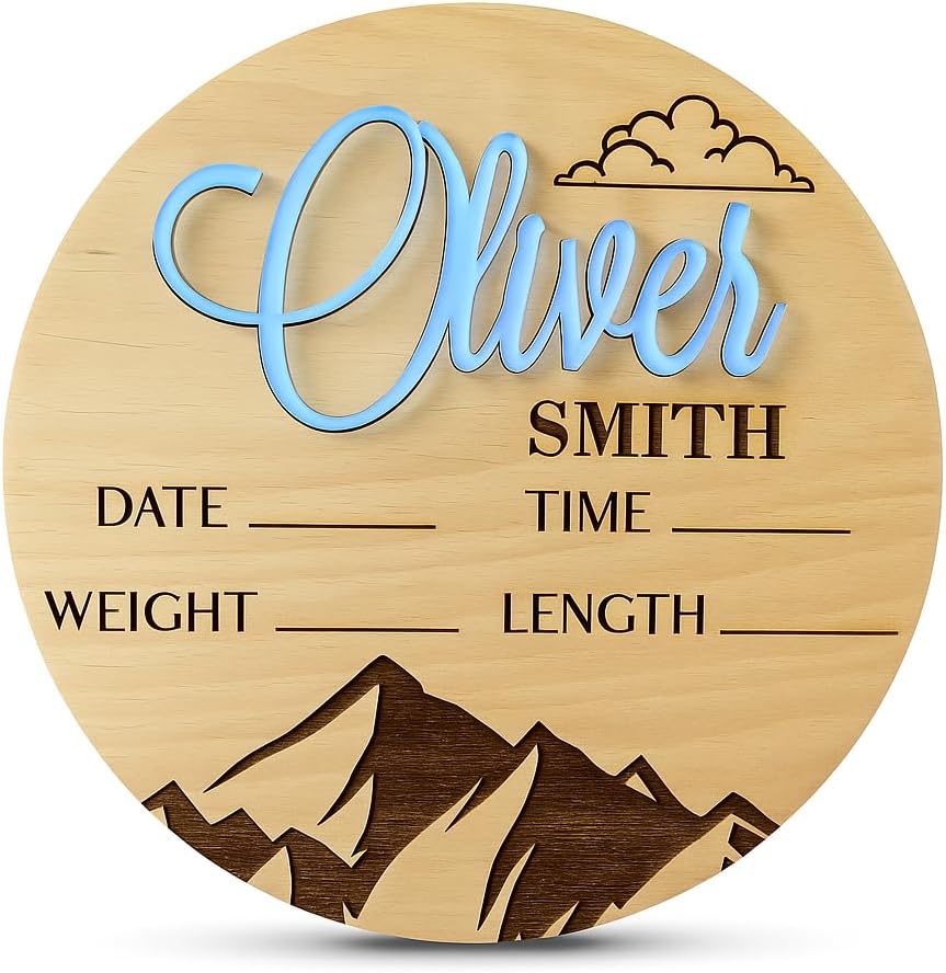 Personalized Baby Name Sign with Birth Stats - Mountain Wood Plaque with Acrylic Name, Nursery Decor, Newborn Keepsake Gift