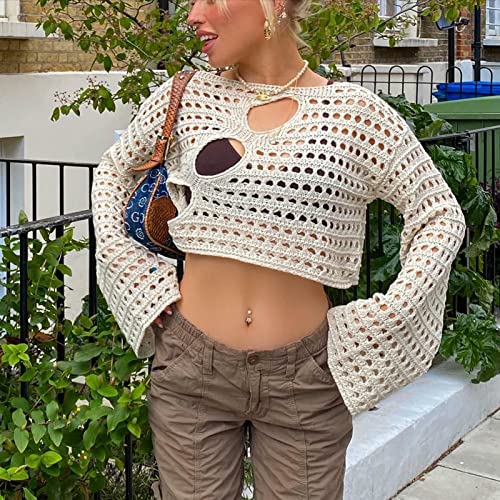 Sdghg LZM-G26NY1FMQZA2 Women Crochet Crop Top Long Sleeve Square Neck Hollow Out Knit Pullover Blouse Tops Harajuku Streetwear thumb #3