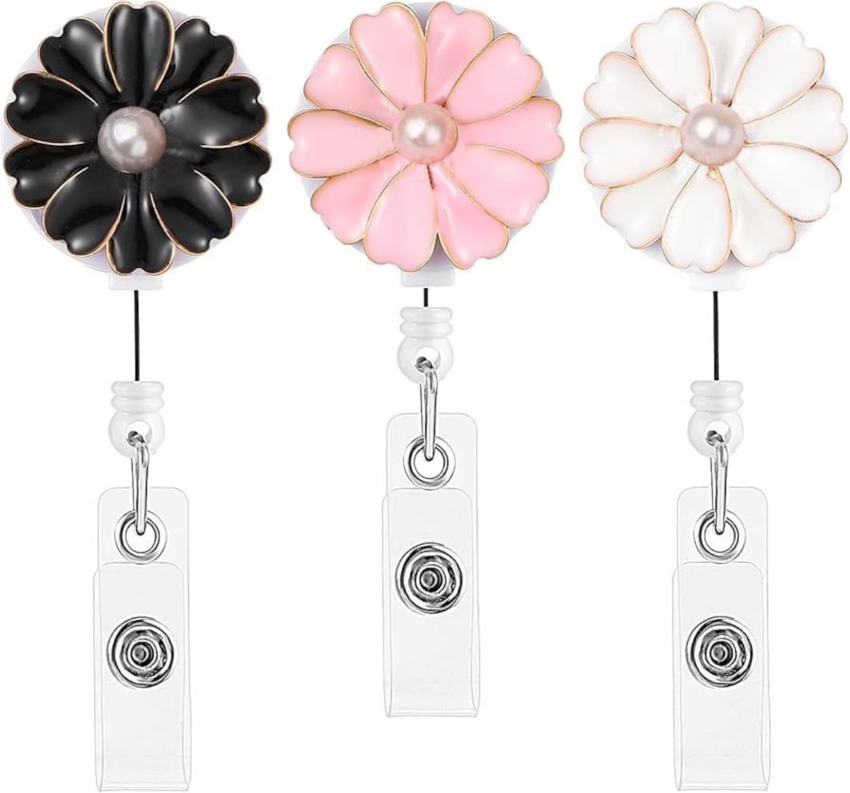 NEO+ Retractable Badge Holder with Alligator Clip, 25.5 inch Retractable Cord, ID Badge Reel with Pearl, 3 Pack (Multiple)
