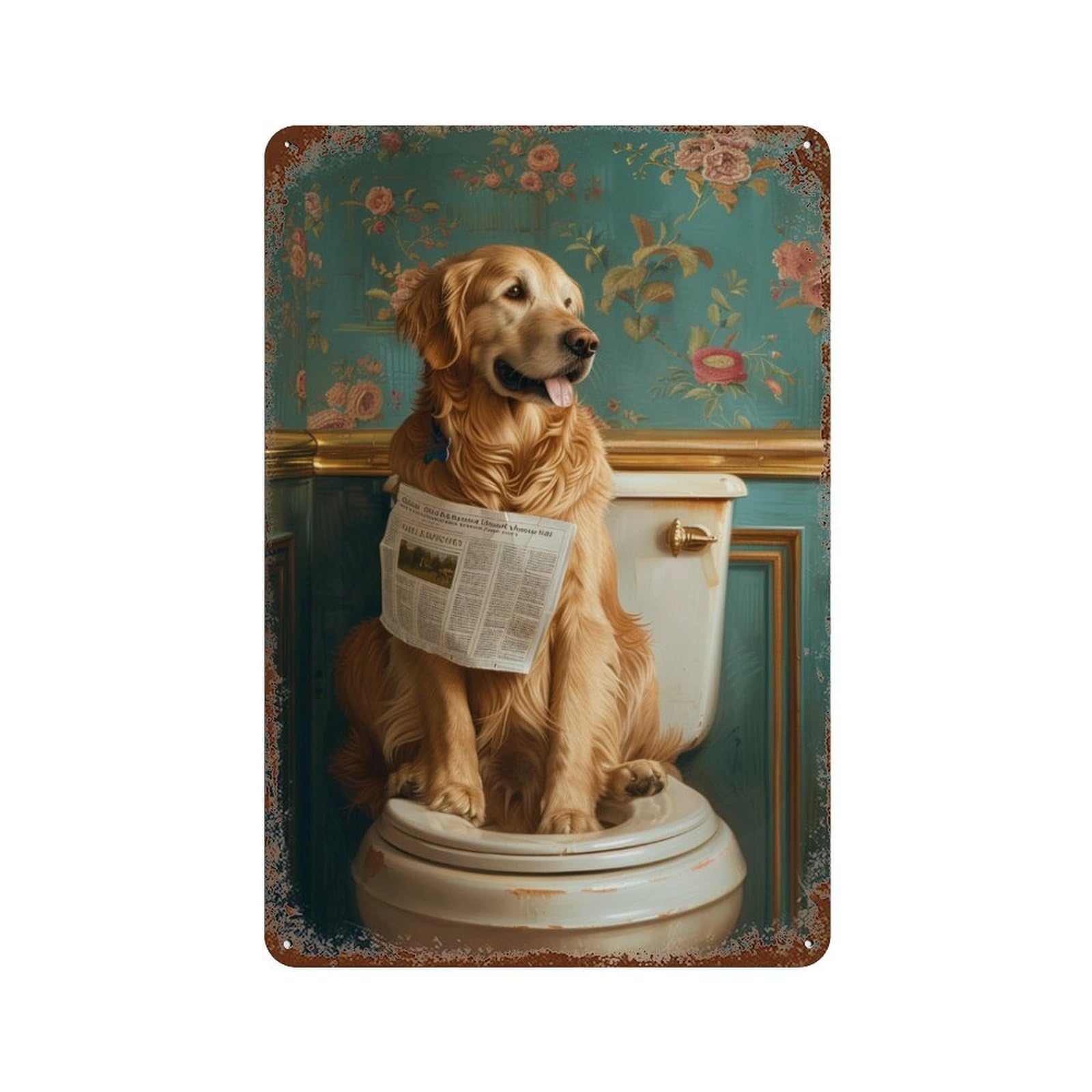 Golden Retriever Reading Newspaper Weathered Tin Sign 11.8"x7.9", Rustic Home Decor for Garage, Pub Or Kitchen