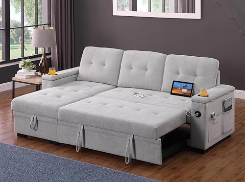 Miniatura 6 de Lilola Home Ashlyn II - Sofá modular reversible de tela tejida gris de 84 pulgadas con diván de almacenamiento, brazo de almacenamiento, soporte