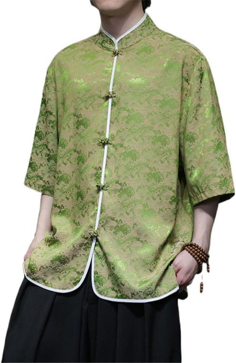 Men's Shirt Summer Iced Silk Floral Print Short Sleeve Chinese Style Tops