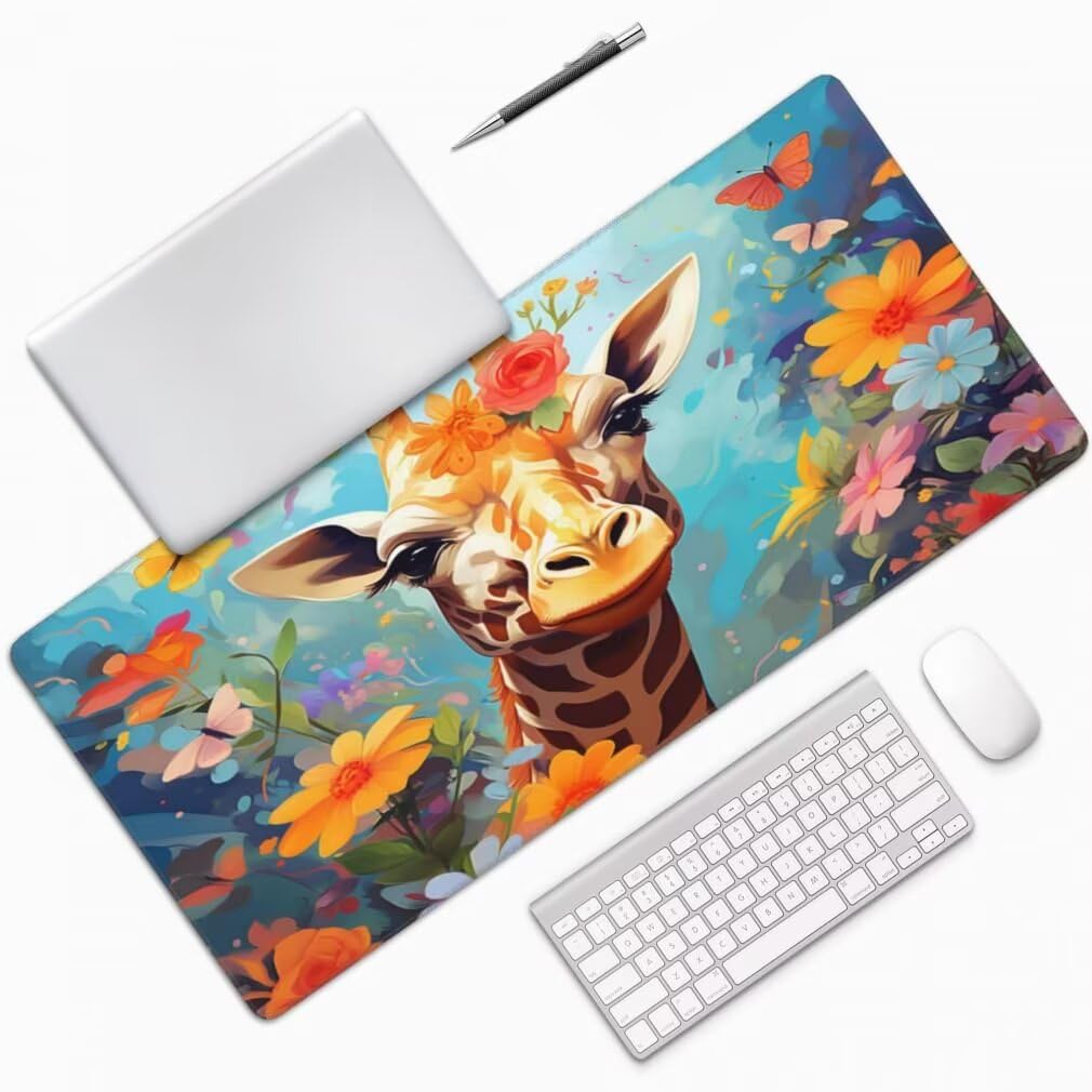 Tappetino Mouse Giraffa, Mouse Pad XXL 1000 x 500 x 3 mm, Fiore Tappetino Gaming Grande Sottomano Scrivania, Impermeabile Mousepad con Base in Gomma Antiscivolo per Computer, PC, Laptop -MP1565