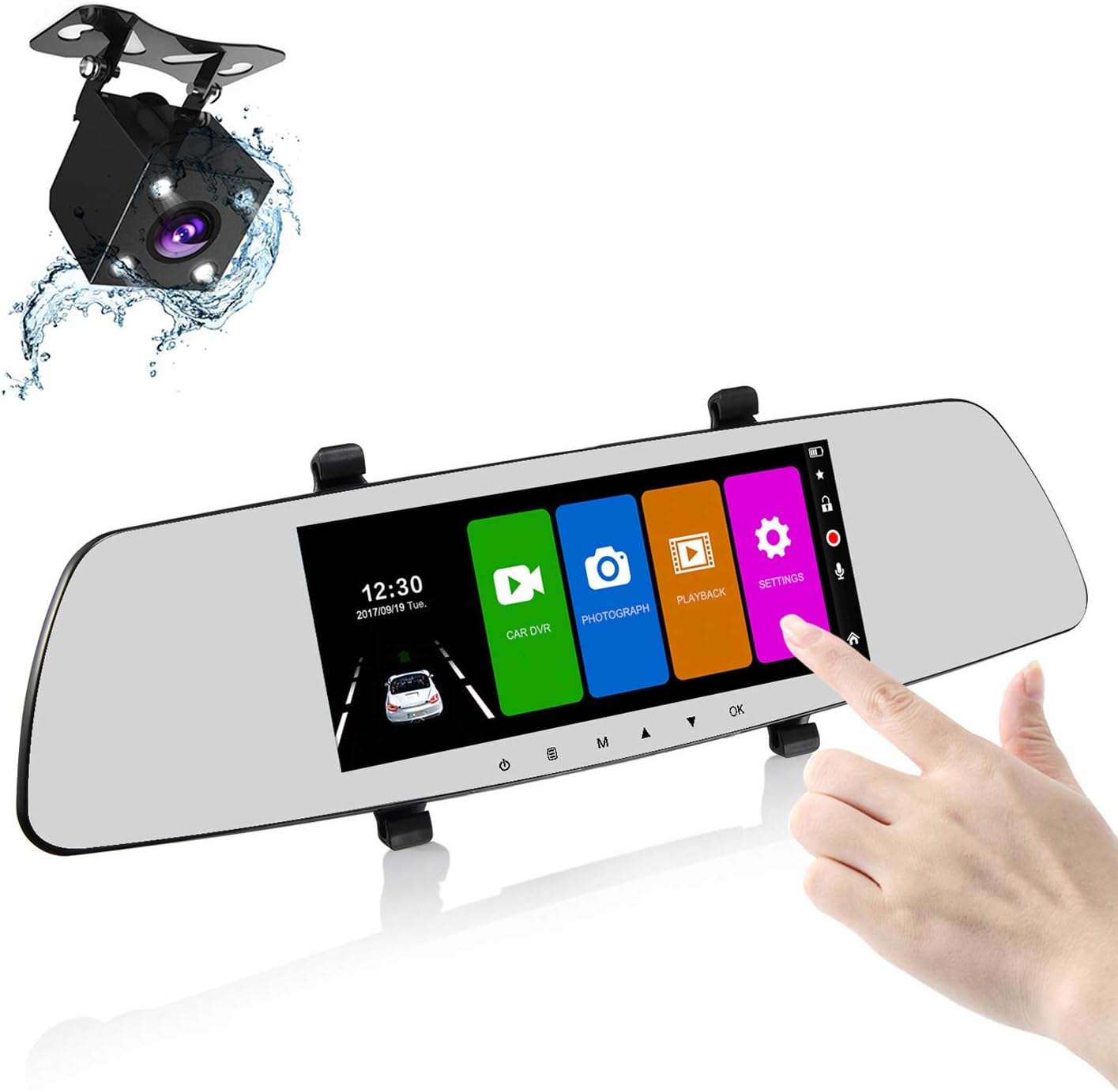 Mirror Dash Camera 7 Inch 1080P IPS Touch Screen 170° Wide Angle Dual Rearview Dash Camera, Car Dashboard Recorder with Parking Monitor WDR Loop Recording