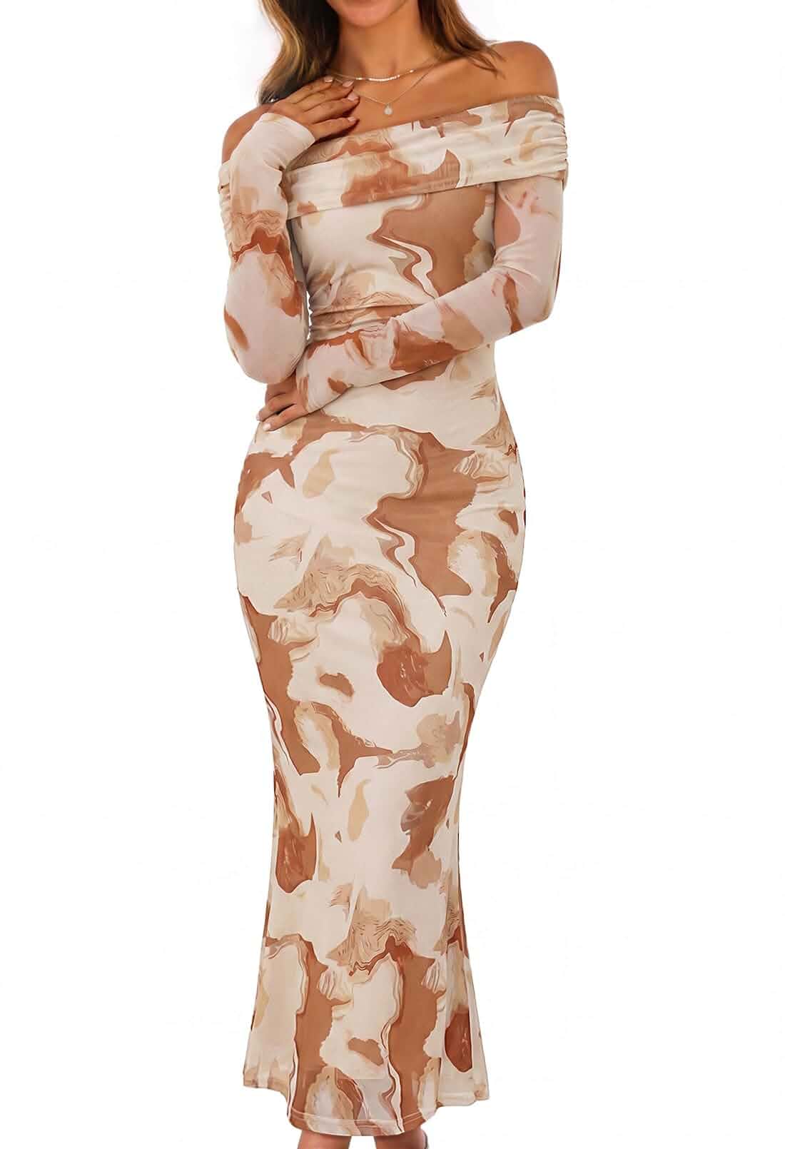 MEROKEETY Womens Fall Off Shoulder Floral Bodycon Wedding Guest Maxi Dress 2026 Long Sleeve, Formal Cocktail, Elegant Party Dinner Long Dress, Date Night, Bridal Shower, Floral Mesh, Prom Dresses