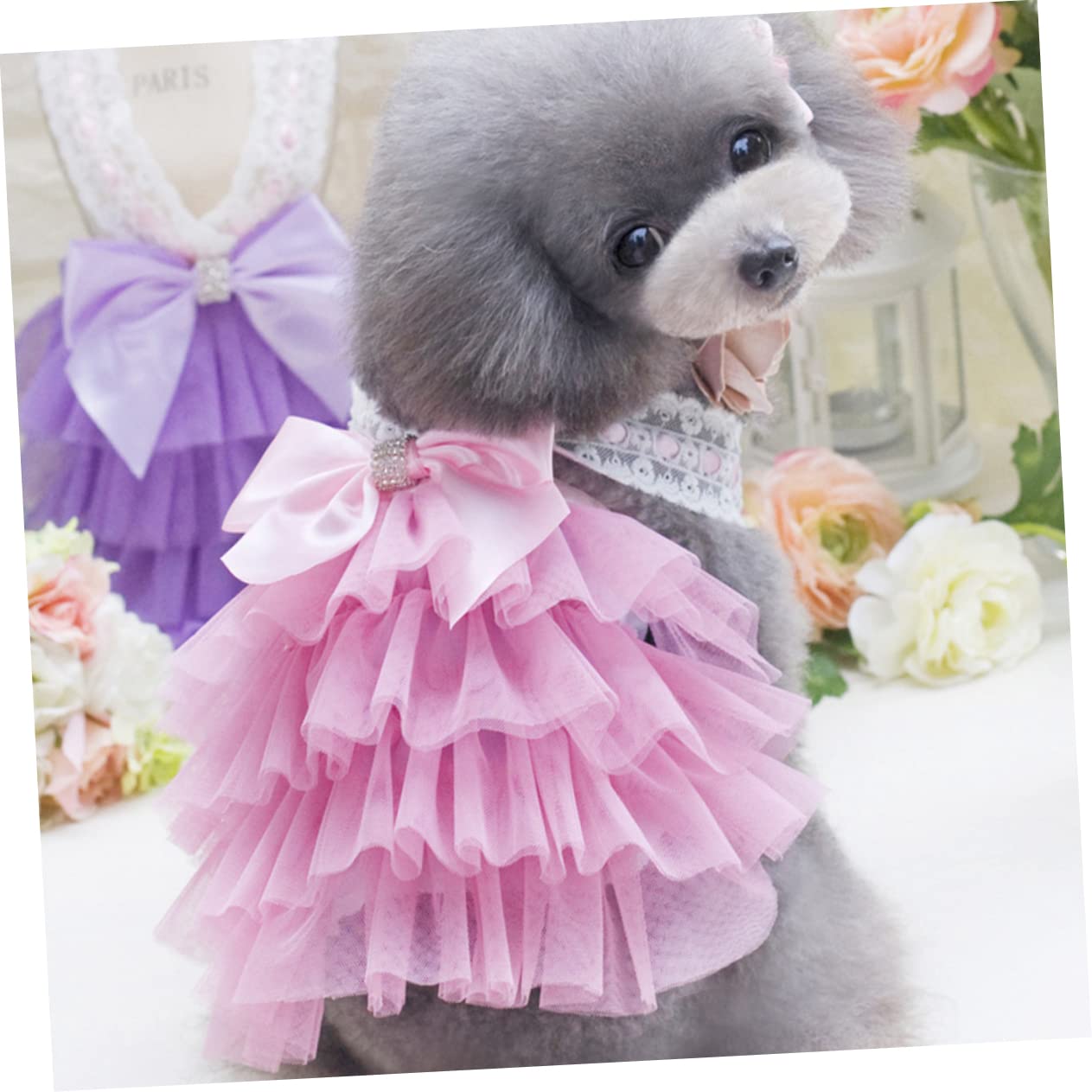 Welpenkleid Mit Spitze Und Schleife – Mehrschichtiges Tutu-Kleid Für Kleine Hunde (Rosa, Größe XS)