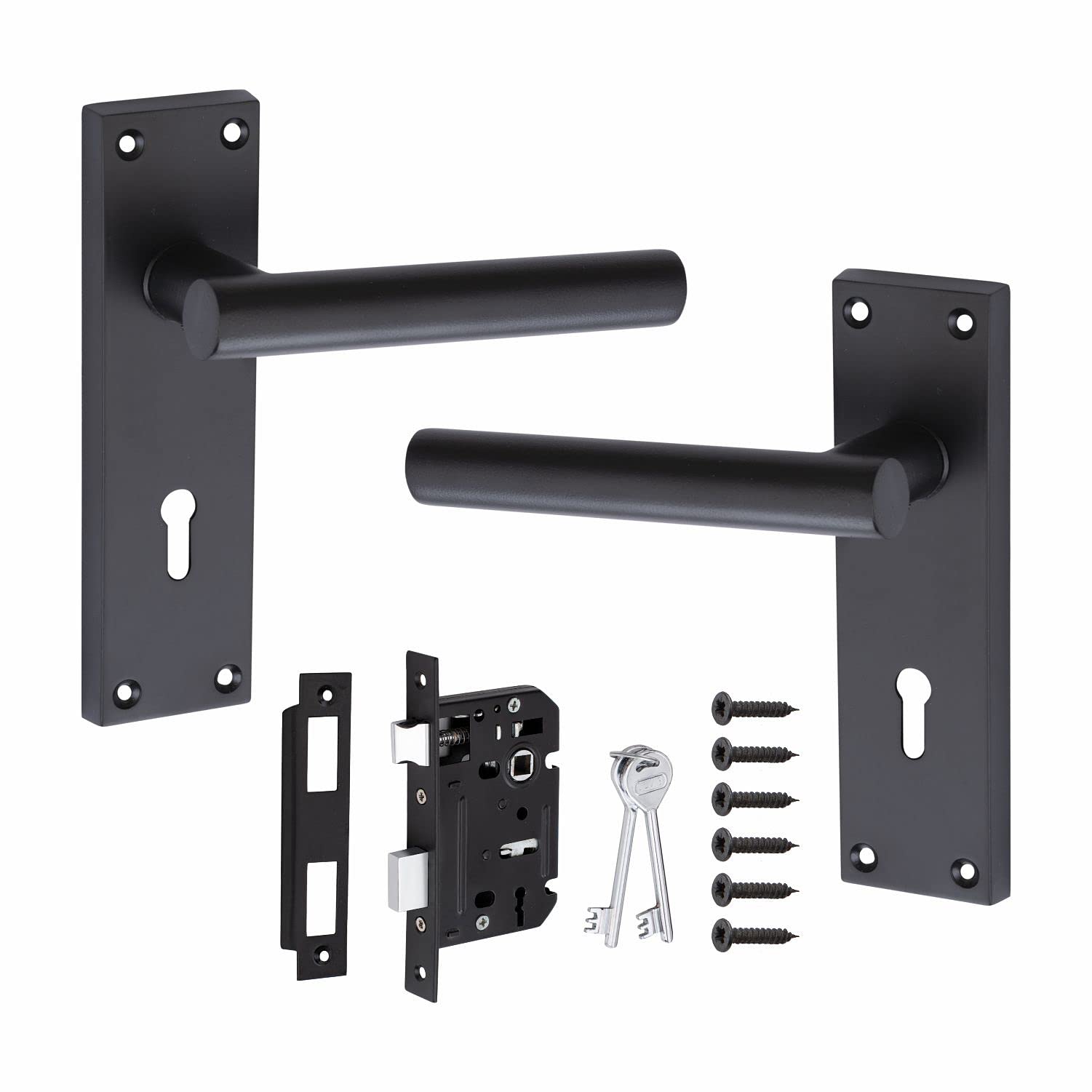 Golden Grace Door Handle Straight T-Bar Modern Lever Backplate for Latch, Matt Black Finish, Key Lock Set - 150mm x 40mm