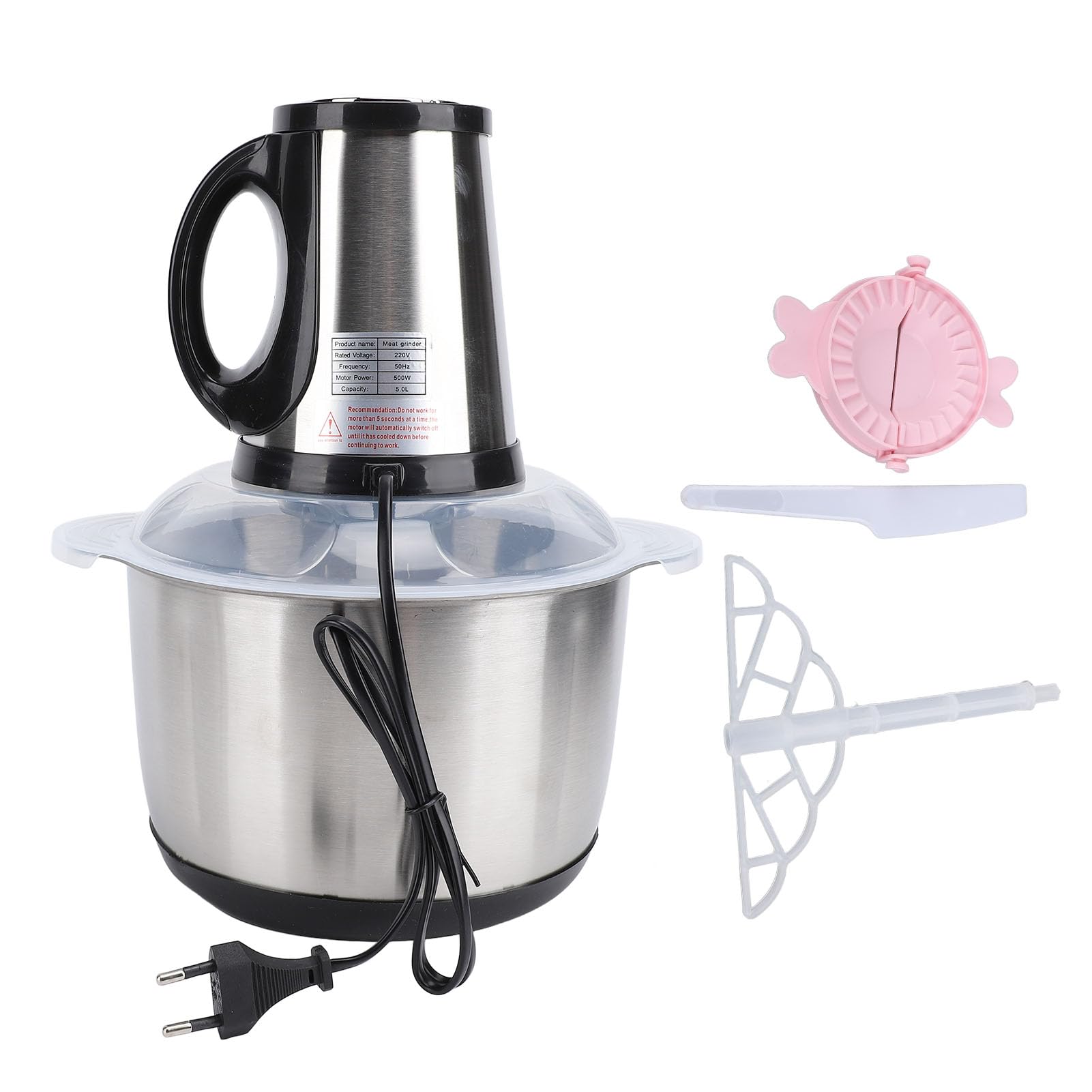 Procesador de Carne de 500 W, Picadora de Alimentos Compacta de Acero Inoxidable de 5 L con Motor de Cobre, Picadora de Verduras Eléctrica de Alta Eficiencia para Cocina (Enchufe