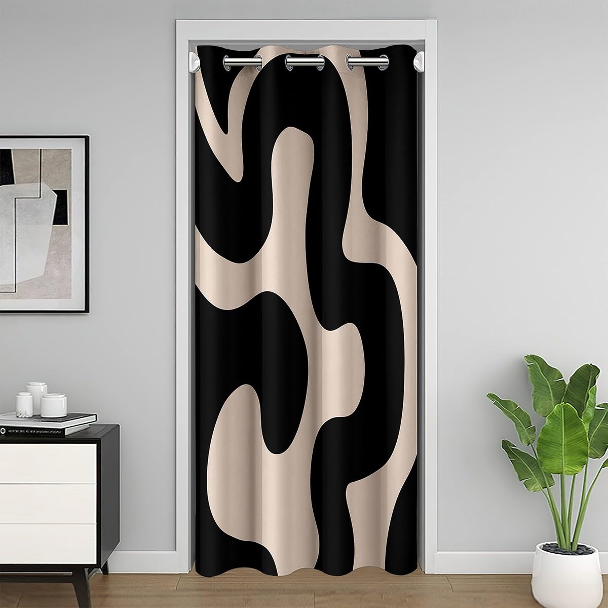 Rideau de porte occultant géométrique noir et beige 86x203cm