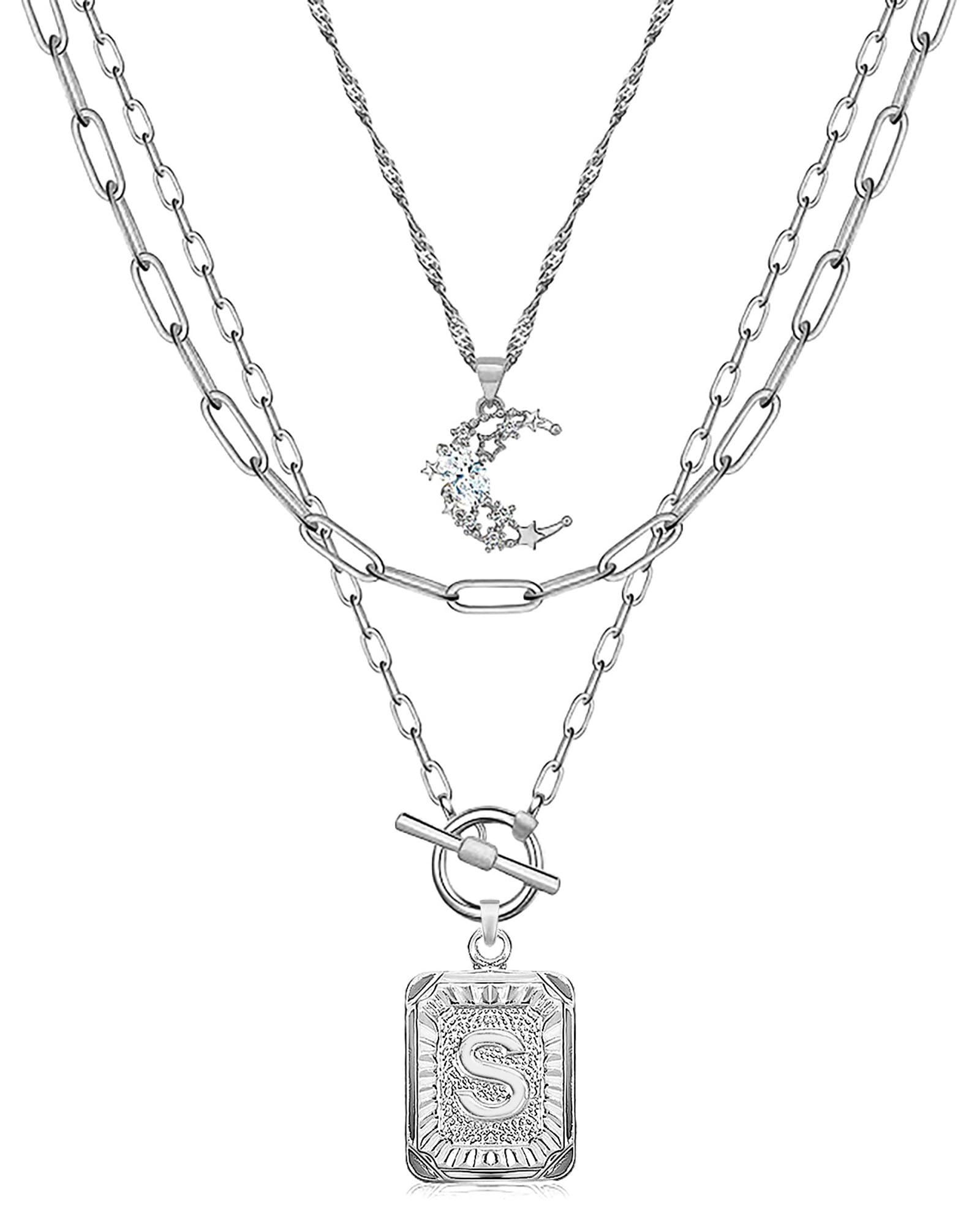 MJartoria Layered Initial Necklaces for Women Trendy, 14K Gold Plated Brass Simple Moon Choker Square Letter Pendant Necklace, Paperclip Chain Necklaces Jewelry Gifts