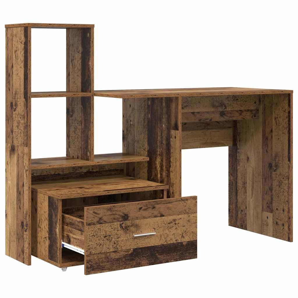 Escritorio de madera recuperada de 131,5 x 50 x 106,5 cm, material de madera, oficina, PC, trabajo, con cajón, estantería, espacio de almacenamiento, ergonómico, oficina en casa, ordenador
