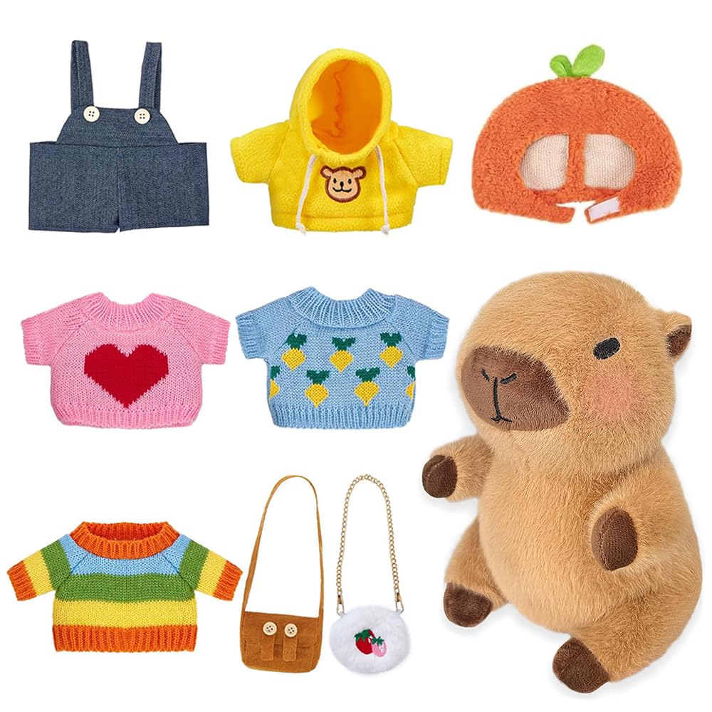 KBIBCK Capybara Plush with 9 PCS Clothes &Accessories, 25cm Capybara Stuffed Animal, Cute CapybaraTeddy