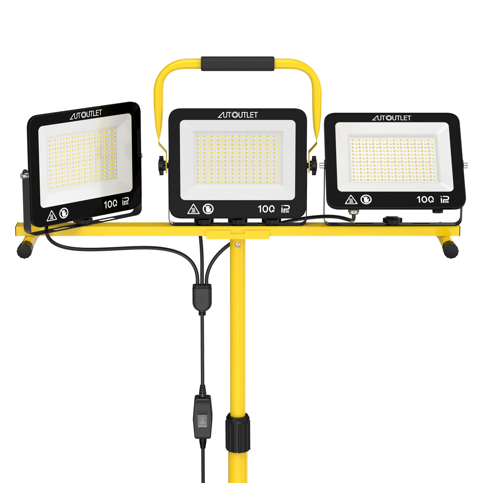 AUTOUTLET Faretto da Cantiere con Treppiede Allungabile,3x 100W 27000LM Faro Led Ricaricabile con 3 Temperature Colore e Cavo di Alimentazione da 5 M,IP66 Impermeabile,per Garage Officina e Esterno