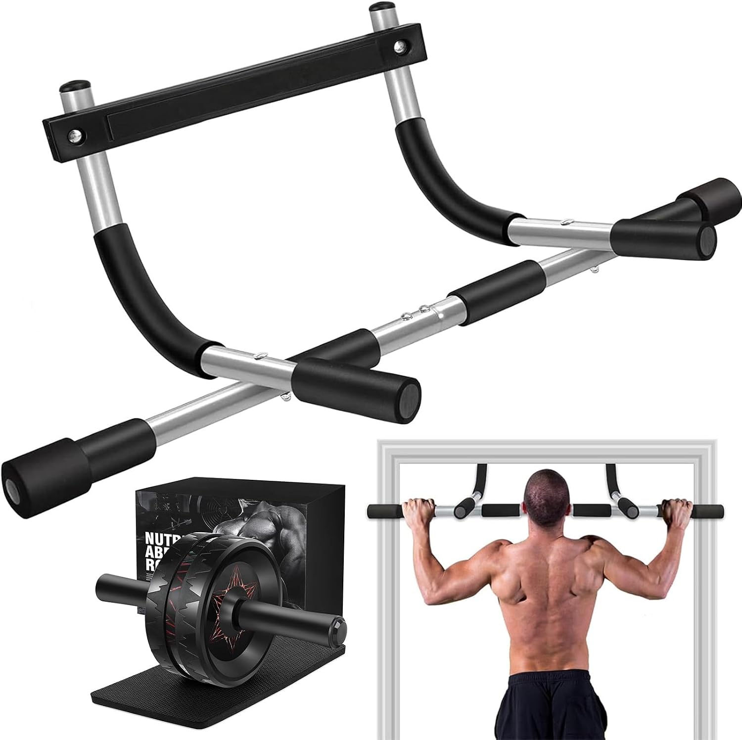 TOPOKO Home Gym Workout Set – Ab Roller Wheel with Knee Pad & Doorway Pull Up Bar, Full Body Strength Training Equipment for Core, Abs, Arms & Upper Body, No Noise Portable Fitness Kit for Home & Trav