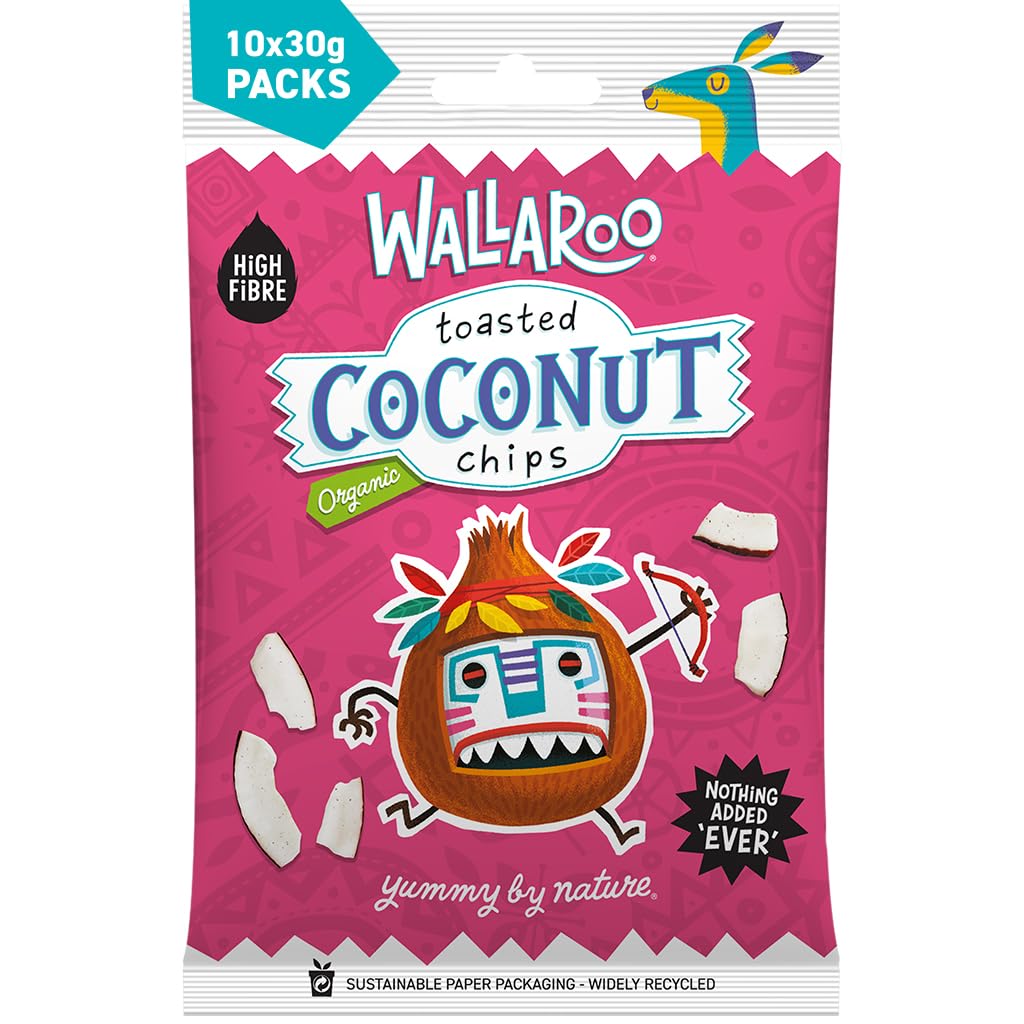 Wallaroo Dried Fruit Snacks - Organic Coconut Chips | 100% Toasted Coconut Flakes, No Added Sugar | Organic Fruit, High Fibre, No Preservatives | Healthy Snacks for Adults & Kids | Multipack 10x30g