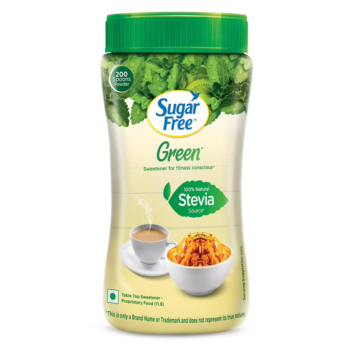 Sugar Free Tarro de Stevia Verde, 200 g | Edulcorante 100% natural a base de plantas | Equivalente a dulzor de 1 kg de azúcar | Hojas de Stevia 100% naturales | Dulce como el azúcar pero con cero