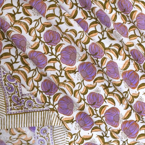 Image of TOAI Hand Block Printed Bedsheet | Bed Spread Flatsheet Bed Sheet | Pure Cotton | Queen Size 90 inchx108 inch | 210 TC Luxury Cotton | 2 Reversible Pillow Covers |Round Florals on White