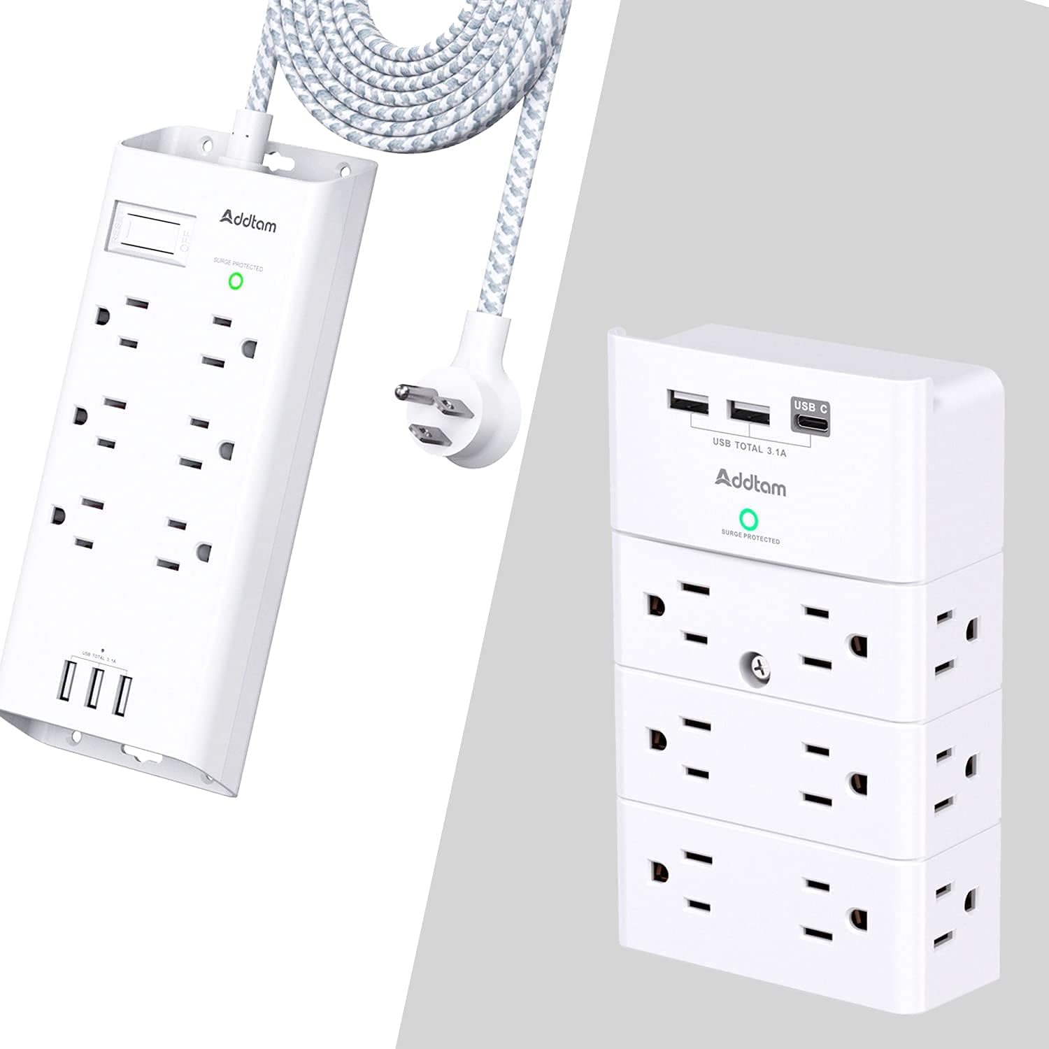 Power Strip Surge Protector, Addtam 6 Outlets and 3 USB Ports 5Ft Long Extension Cord and Surge Protector Wall Mount with 12 Outlet Extender- 3 Sides and 3 USB Ports (1 USB-C)